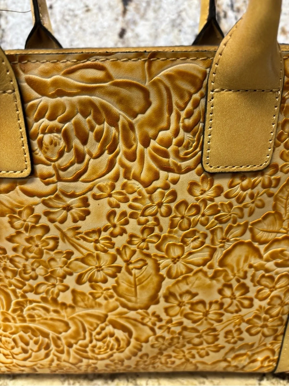 Patricia Nash Mustard Yellow Tan Floral Embossed Leather Satchel